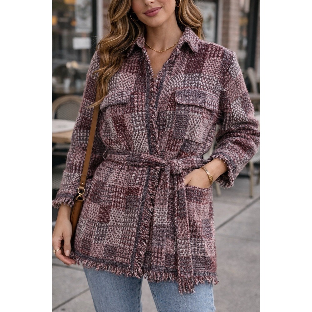 ZARA Tweed Jacket Womens Large Belted Fringe Plaid Shacket NWT Textured